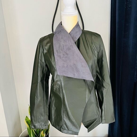 Tahari Faux Leather Moto Drape Wrap Jacket, Comfy Dark Green, Size Small, NWT - Picture 2 of 12
